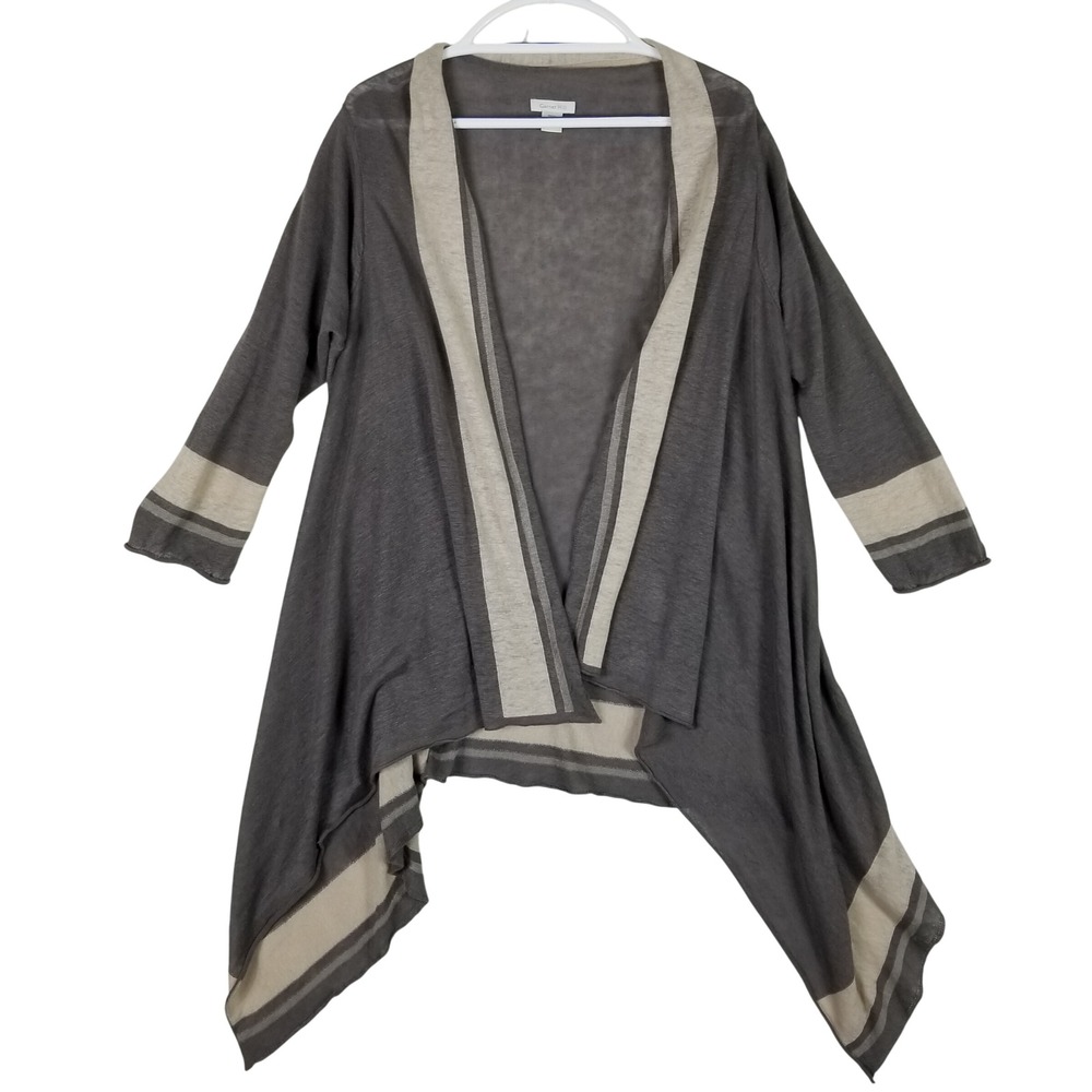 Garnet Hill Cardigan Women Small Gray Linen Striped Waterfall Open Front Draped
